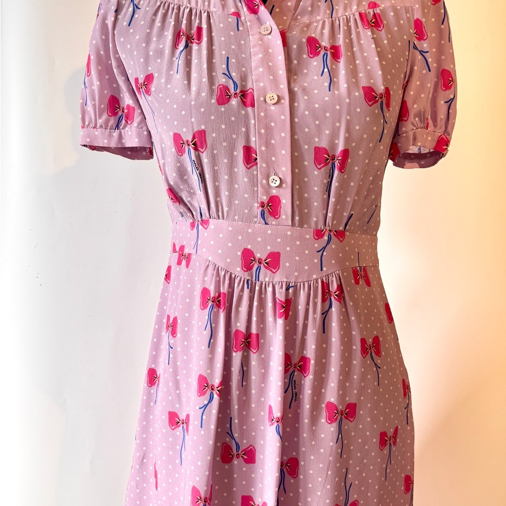 Authentic Silk Miu Miu Puff Sleeve Dress with Bow Pattern. SZ 36
